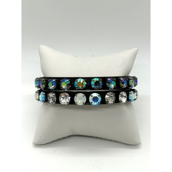 Set of Vintage Aurora Borealis Rhinestone Bangle Set of 2 Black Finish 7.5 inch - Picture 2 of 16